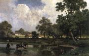 unknow artist, Paysage d ete avec vaches dans la mare